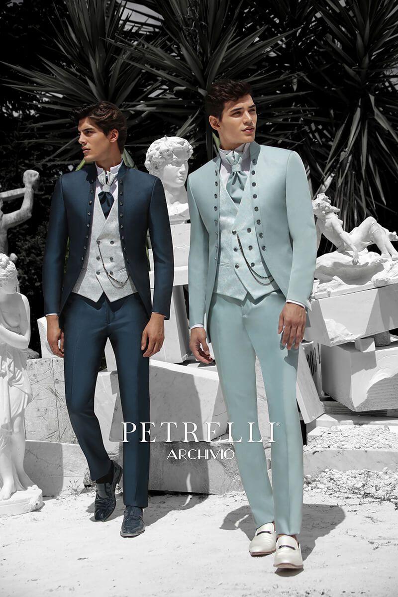Dúo Petrelli 2026 azul y aqua hielo con chaleco brocado