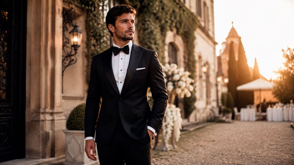 Novio con esmoquin negro Black Tie delante de un palacio durante una boda elegante.