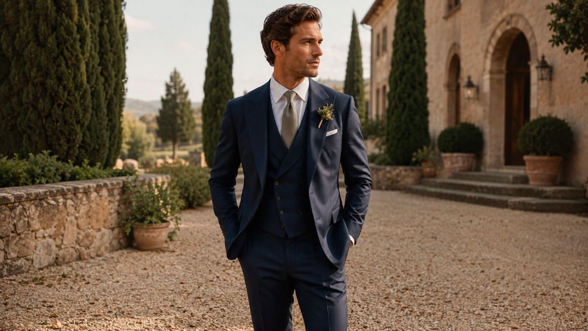 Novio con traje azul marino de estilo Old Money